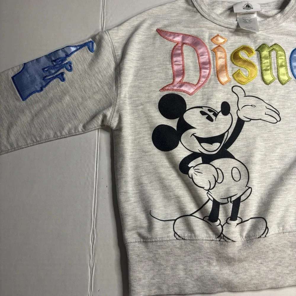 Disney Parks Mickey Mouse Sweatshirt Youth Large Rainbow Satin Embroidered Gray